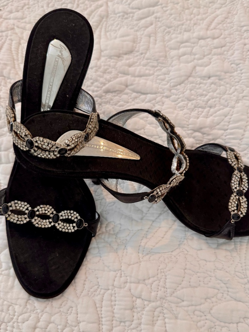 Giuseppe Zanotti Rhinestone and Black Stone Strapped Heels